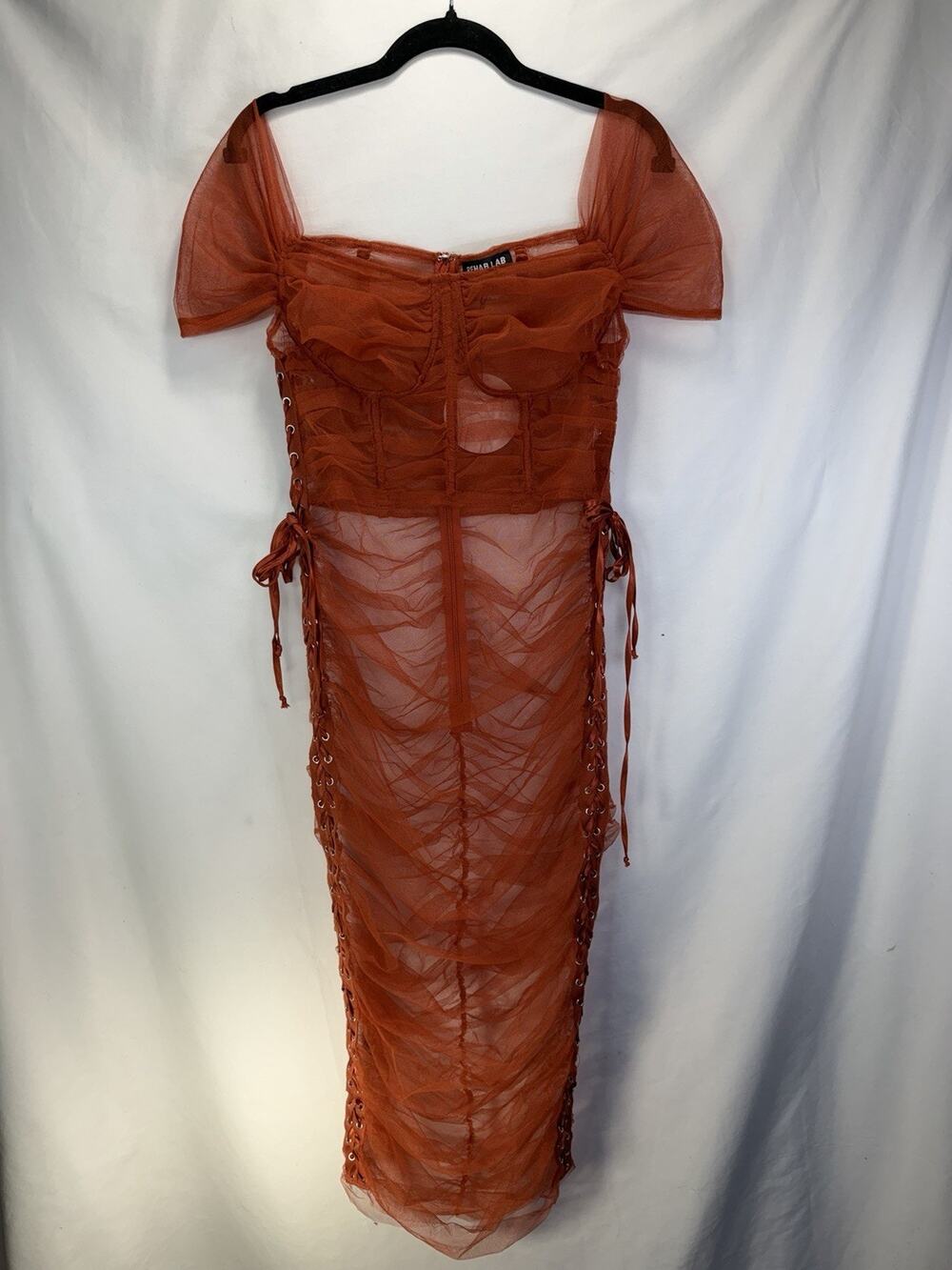 Rehab Lab Sheer Ruched Rust Midi Dress Sz L Tie Up Sides Stretchy Festival Party